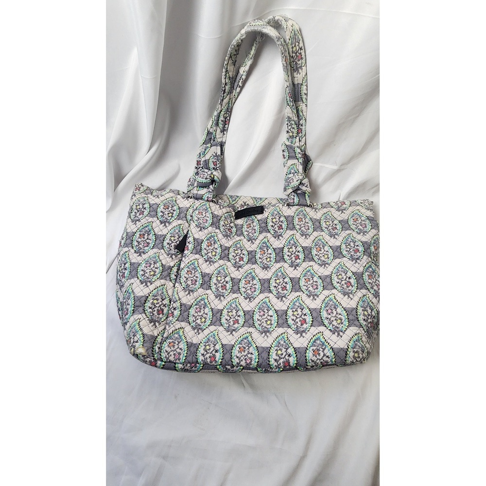 Vera Bradley Quilted Cotton Tote Bag Gray Paisley Ikat Shoulder Purse Handbag